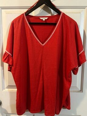 Max Studio Bright Red V-Neck Tunic with White Trim